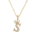 Gold crown letter S necklace with micro-pave cubic zirconia on a dainty chain - Letter S / Gold