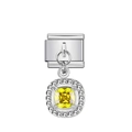 Charm italiano in acciaio inox con pietra quadrata gialla e alone di cristalli bianchi - Argento con gemma quadrata gialla