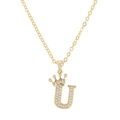 Golden necklace featuring a zircon-studded letter U pendant topped with a royal crown - Letter U / Gold