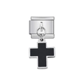 Charm modulare italiano con pendente a croce in acciaio inossidabile lucido e smalto nero - Base argento con charm croce nera