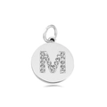 Polished silver round pendant featuring letter M with sparkling white zircon inlay - Letter M (Orange Red)