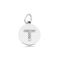 Silver round pendant with rhinestone letter T detail and a small hanging loop for DIY necklace - Letter T (Light Yellow)