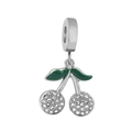 DIY cherry charm pendant with green enamel leaves and white cubic zirconia stones - Cherry