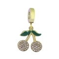 Exquisite 18k gold plated cherry charm with lavender crystals and green enamel leaf - Cherry With Zirconia Style / Set of 3 / Gold