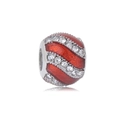 Macro shot of silver charm bead with red glitter enamel and triple row CZ stones - Spiral Stripe Rhinestone Red Bead