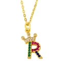 Golden necklace featuring a crown-topped letter R pendant with multi-colored zircons - Necklace (With Stainless Steel O-Chain) / Letter R