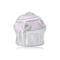 Pink enamel cupcake charm with cubic zirconia in polished stainless steel for DIY jewelry - Pink Cupcake Style (NO.3)