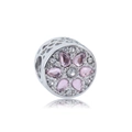 Macro detail of cylinder charm with hollow hearts and pink pear-shaped cubic zirconia petals - Pink Pear-shaped Floral Style (5)