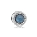 Polished silver bead charm with a blue center stone and white zircon border - Blue Textured Gemstone Hollow Style (13)