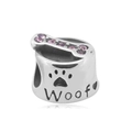 Silver 316L stainless steel charm with pink crystals, bone decor, and Woof engraving - Bone Pattern Style