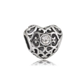 Hollow heart charm in silver stainless steel with center crystal and vintage pattern - Vintage Hollow Heart Style (22)