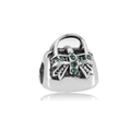 Detail of vintage silver handbag charm with green crystal bow for beaded bracelets - Green Handbag Style