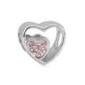 Detailed macro view of heart-shaped silver charm with pink zircon stones for bracelets - Double Layer Openwork Heart With Pink Stone (NO.3)