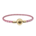 Pulsera de cuero genuino trenzado rosa con un cierre de bola dorado pulido para charms - 16cm / Rosa intercalado