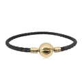 Pulsera de cuero negro trenzado con un cierre esférico de metal dorado pulido refinado - Negro