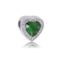 Detailed view of silver heart bead with a green center gemstone and zircon border - Green Artificial Heart Gemstone (N0.4)