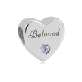 Abalorio de corazón pulido con grabado Beloved y cristal morado para pulseras DIY - Estilo Corazón Beloved (NO.5)