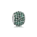 Macro detail of silver barrel charm bead with green pavé crystals and large hole design - Green Cubic Zirconia Pave Style (NO.4)