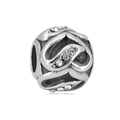 Detailed macro view of silver hollow scroll charm bead with clear cubic zirconia stones - Silver Hollow Swirl Style