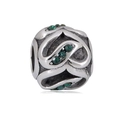 Detailed close-up of a vintage silver charm bead with green zircon and hollow heart patterns - Green Zirconia Hollow Style