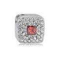 Macro shot of square silver charm with red center stone and halo of sparkling zircons - Red Square Rhinestone Style (NO.3)