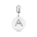 Detailed view of silver stainless steel round pendant with sparkling crystal letter A - Letter A