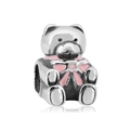 Polished silver teddy bear charm with pink enamel bow for DIY beaded bracelets - Sitting Teddy Bear Pink (NO.4) / Silver