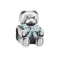 Silver stainless steel teddy bear charm bead with light blue enamel bow for DIY bracelets - Teddy Bear Blue (NO.5) / Silver