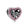 Macro shot of heart-shaped charm with black enamel 'Love you' script and pink crystals - Love you Pink Rhinestone Style (NO.8)