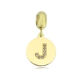 Detail of gold circular charm with crystal-studded letter J and polished metal finish - Letter J