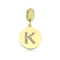 Detailed macro view of the gold letter K charm pendant with sparkling inlaid rhinestones - Letter K