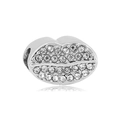 Macro detail of lip-shaped charm bead with pave-set clear crystals and polished silver finish - White Rhinestone Lips Style (NO.6)