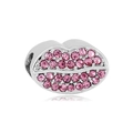 Detailed close-up of pink rhinestone lip charm bead for DIY bracelets in silver-tone metal - Pink Rhinestone Lips Style (NO.3)