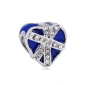 Polished silver heart charm with blue enamel and sparkling cubic zirconia for DIY bracelets - Dark Blue Heart