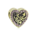Detail van hartvormige bedel met roze strassteentjes en Love You goudkleurige gravering - Goud - Roze Strass Love You Hart (NO.5)