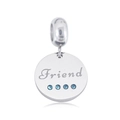 Macro detail of 316L stainless steel Friend charm with blue stones for bracelets - Round Blue Micro Stone Engraved Friend (NO.1)