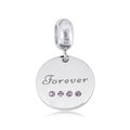 Close-up of silver steel pendant with Forever engraving and four purple crystals - Round Purple Micro Stone Engraved Forever (NO.3)