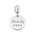 Detailed macro of silver 316L stainless steel Family charm with four zircon stones - Round White Micro Stone Engraved Family (NO.2)