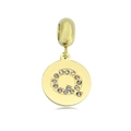 Polished gold circle pendant with rhinestone letter Q and cylindrical bail for necklace - Letter Q
