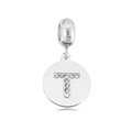 Titanium stalen ketting met een sprankelende ronde hanger met de letter T en kristallen - Letter T