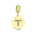 Golden titanium steel letter T pendant with sparkling rhinestones and polished finish - Letter T