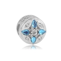 Macro shot of silver barrel charm with blue drop stones and hollow side details - Blue Gemstone Inlaid Style (6)