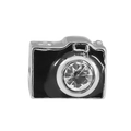 Macro shot of camera charm pendant with black enamel and sparkling center zircon crystal - Enamel Camera (33)