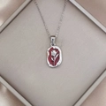 Vintage silver-tone necklace featuring an oval red enamel rose pendant in a gift box - Rose Oval Relief Style / White