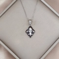 Nahaufnahme der Fleur-de-Lis-Halskette in einer hochwertigen Schmuckschatulle - Rot