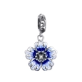 S925 silver blue enamel flower charm with zircon and vintage engraved scroll loop - 13 S421