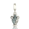 Detailed close-up of S925 silver amphora charm with blue pavé crystals and floral engraving - Classical Amphora Pendant (S333)