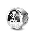 S925 sterling silver puppy bead charm with dog face and zircon bone pendant - Black White Enamel Dog Face Bone Style (8 ZZ0009)