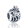 S925 Silber Hohlperle Charm mit rosa Edelstein und Blumengravur für Armbänder - Hohl Blume Rosa Strass Perle (7 X128)