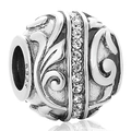 S925 Sterling Silber Charm-Perle mit viktorianischem Relief und weißem Zirkon-Inlay - Rollenrelief Strass-Einfassung Perle (13 X416)
